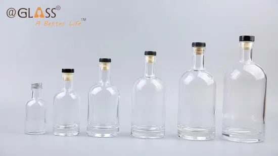 Bouteille d'alcool en verre vide ronde nordique avec liège en bois, vente en gros de 100ml/200ml/375ml/500ml/700ml/750ml/1L